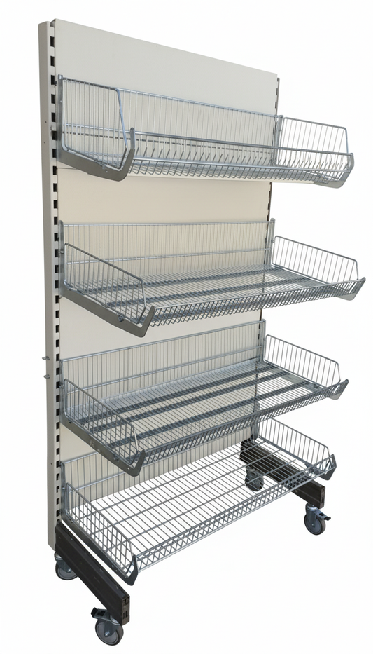 Tego Wandregal, mit Gitterkörben auf Rollen, Breite 100cm